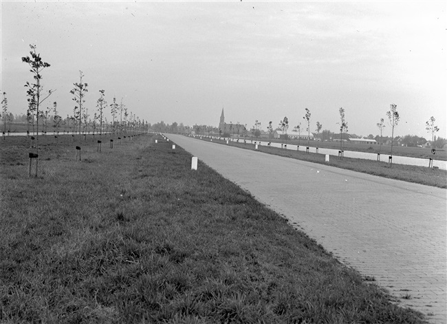 Provinciale weg nr. 29 (huidige N207) met in de verte de kerktoren van Stolwijk.