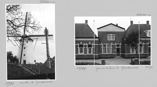 Korenmolen Windlust en gemeentehuis in Goudswaard, 1972