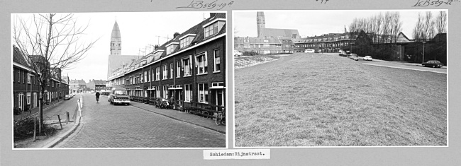 Rijnstraat met Heilig Hart Kerk in Schiedam, 1972