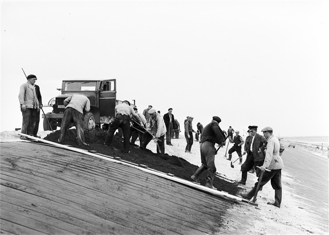 Dijkherstel bij Oude-Tonge na de watersnoodramp van 1 februari 1953. Het nieuwe dijklichaam van opgespoten zand wordt bekleed met zandasfalt.