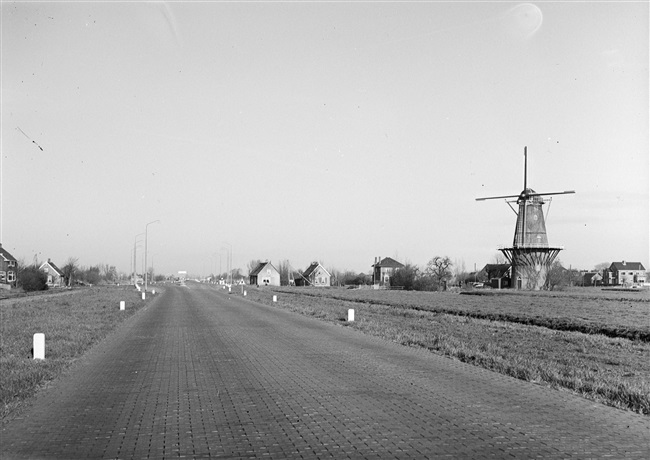 De Oude Spoorweg, de provinciale weg N207, tussen Stolwijk en Bergambacht. Rechts korenmolen Den Arend.
