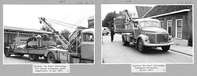 Transport nieuwe bovenwiel van snuifmolen De Ster, 1967